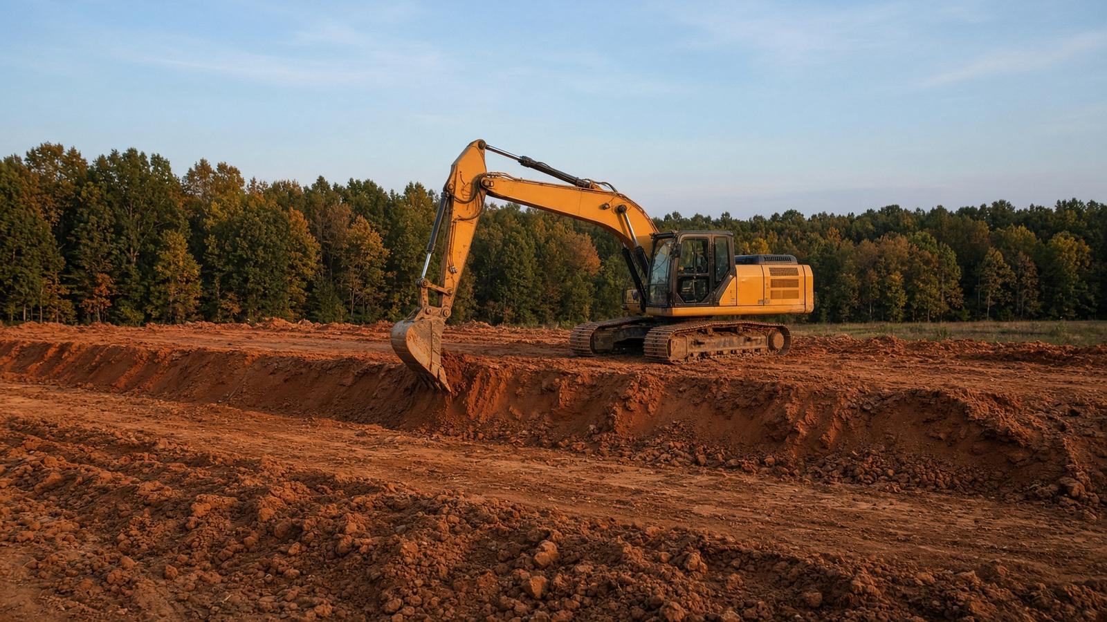 Excavator cutting a bench with the tree line held